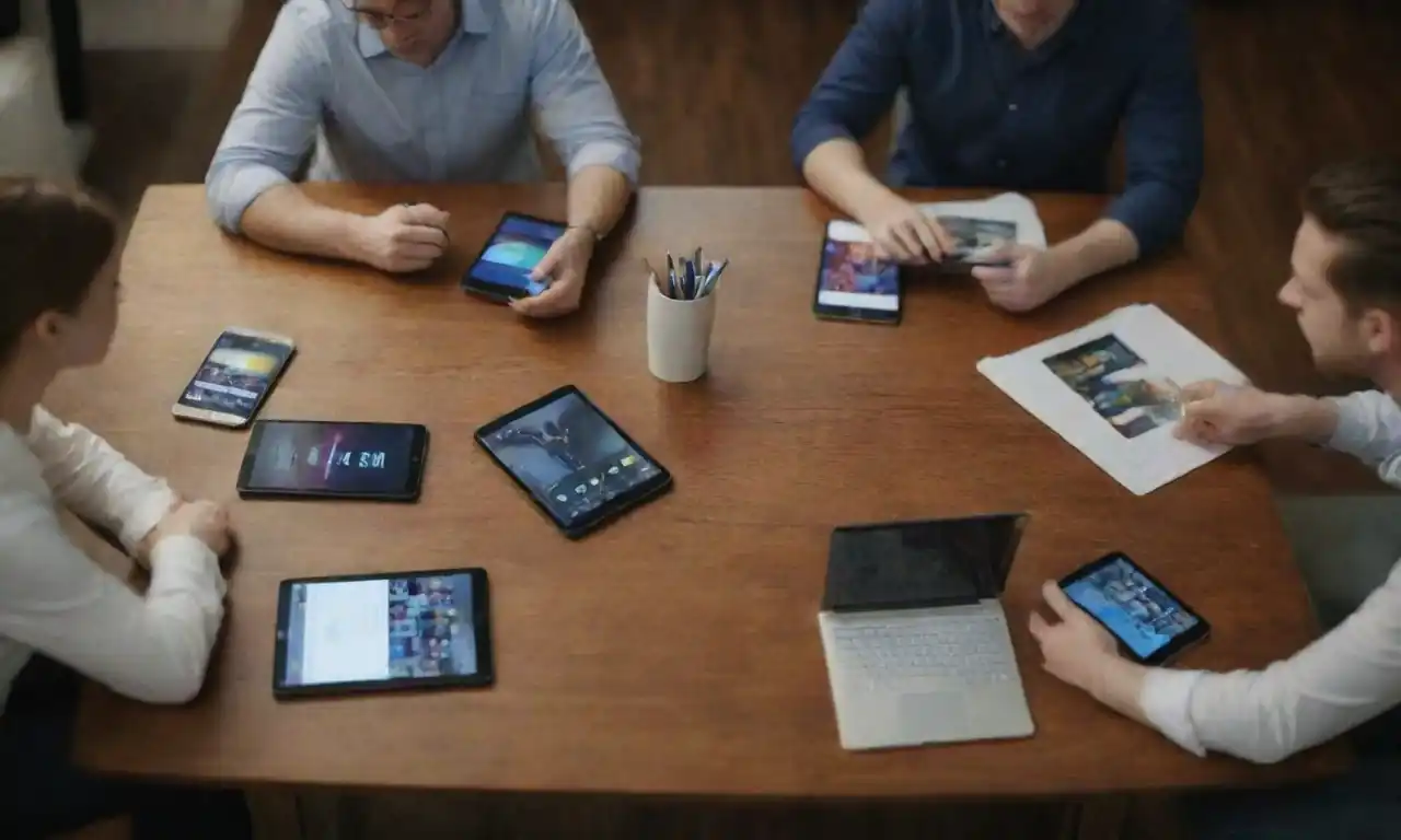 A team brainstorming ideas around a table with digital devices and content examples displayed.