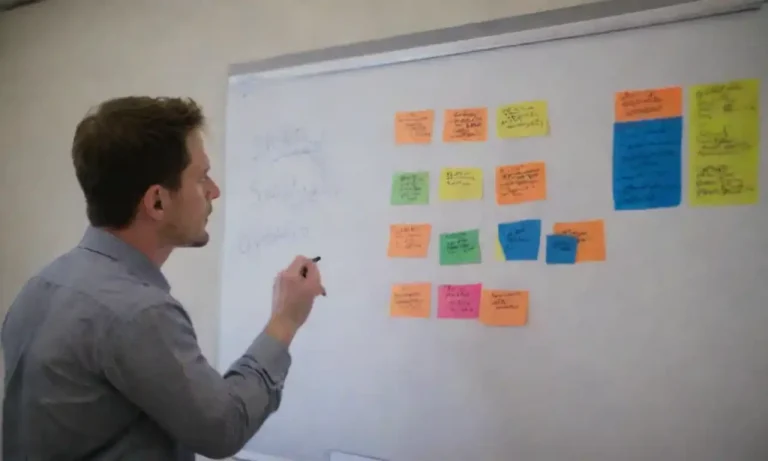 Person analyzing different project management charts and methodologies on a whiteboard.