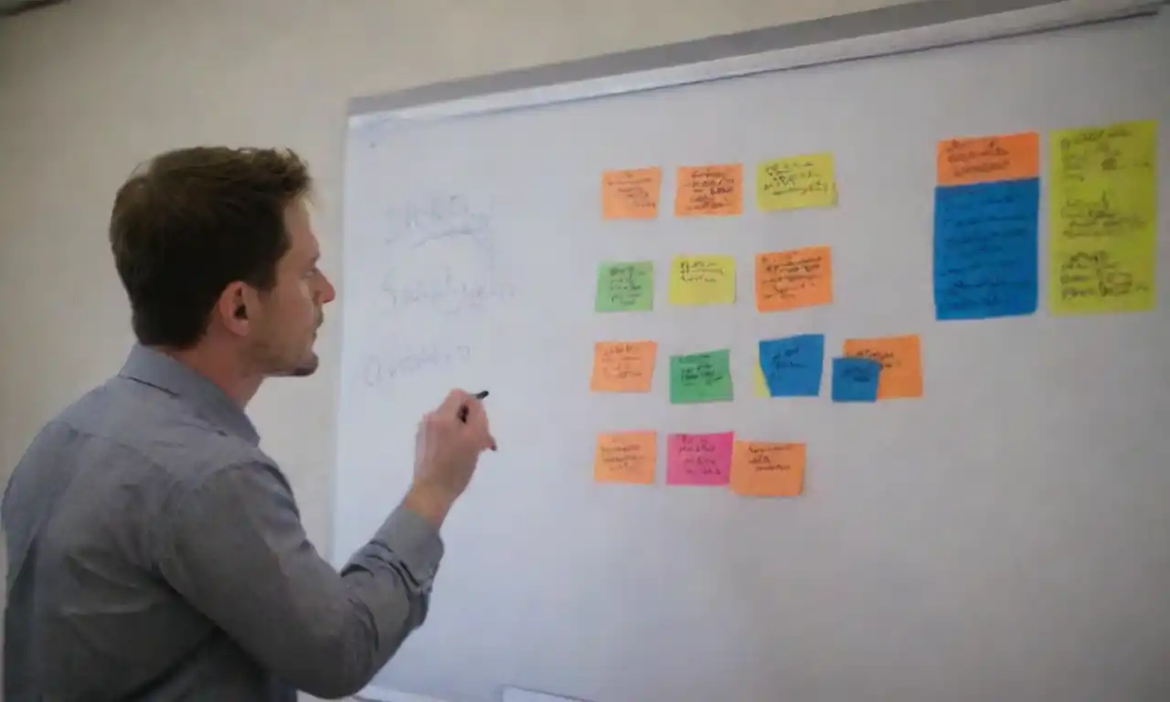 Person analyzing different project management charts and methodologies on a whiteboard.