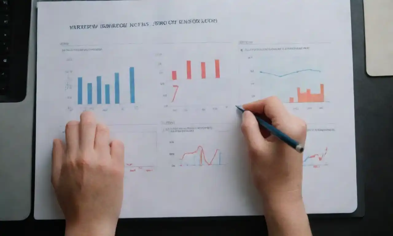 Person analyzing charts and graphs with a notebook labeled Market Research.