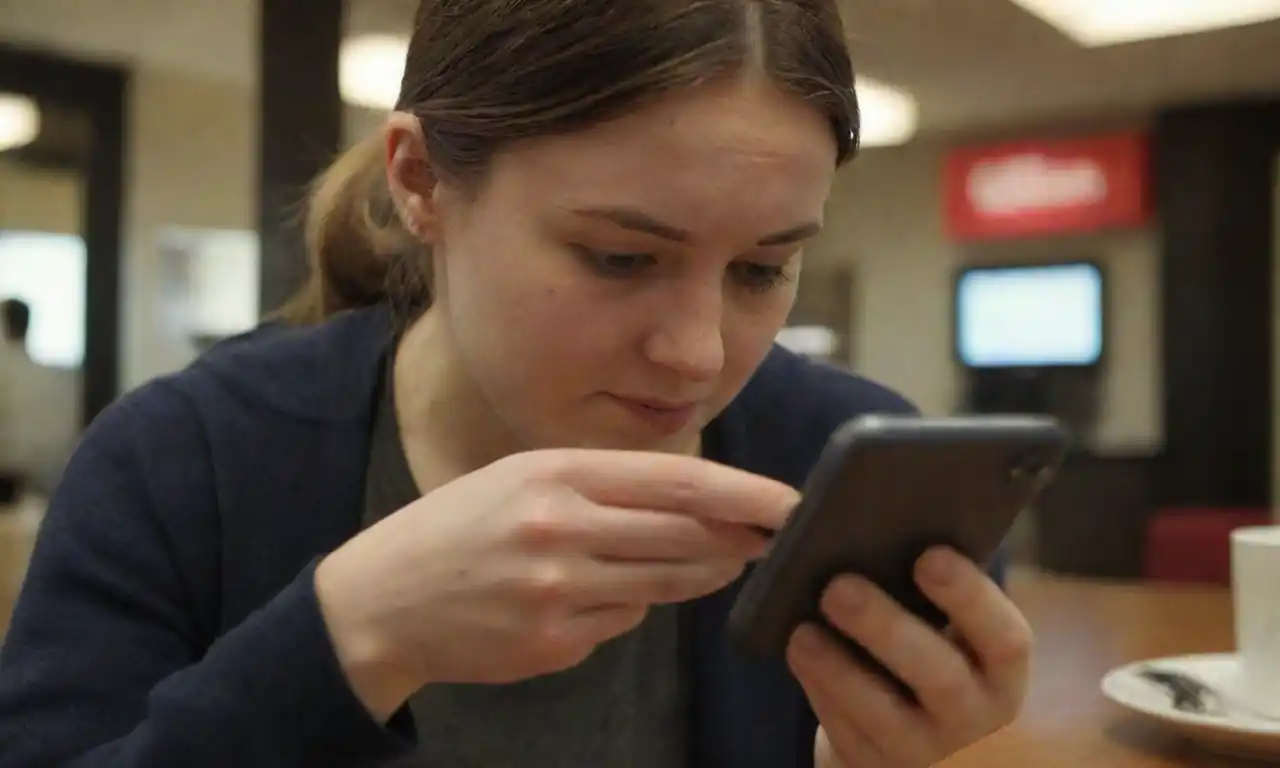 Person reading online reviews on a smartphone before making a purchase.