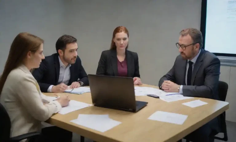 Un grupo de profesionales discutiendo en una mesa con notas y laptops