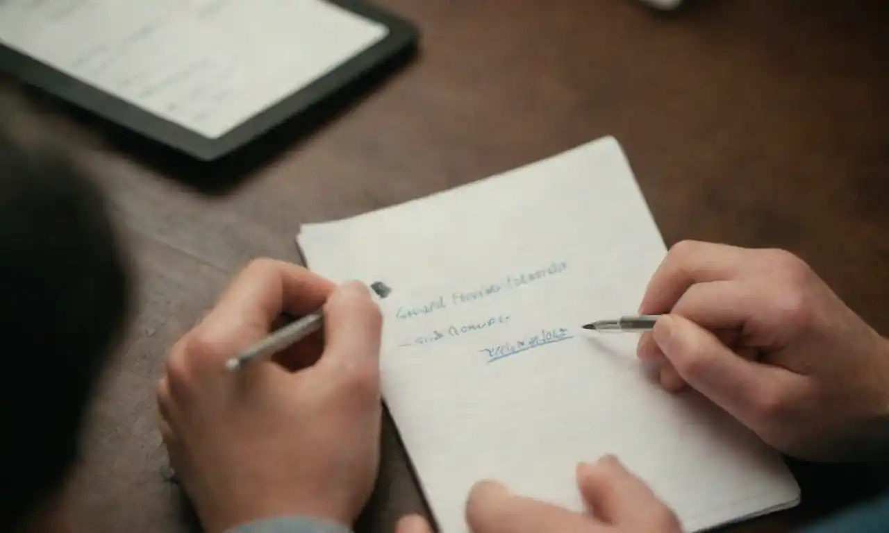 A person thoughtfully writing persuasive text on a notepad