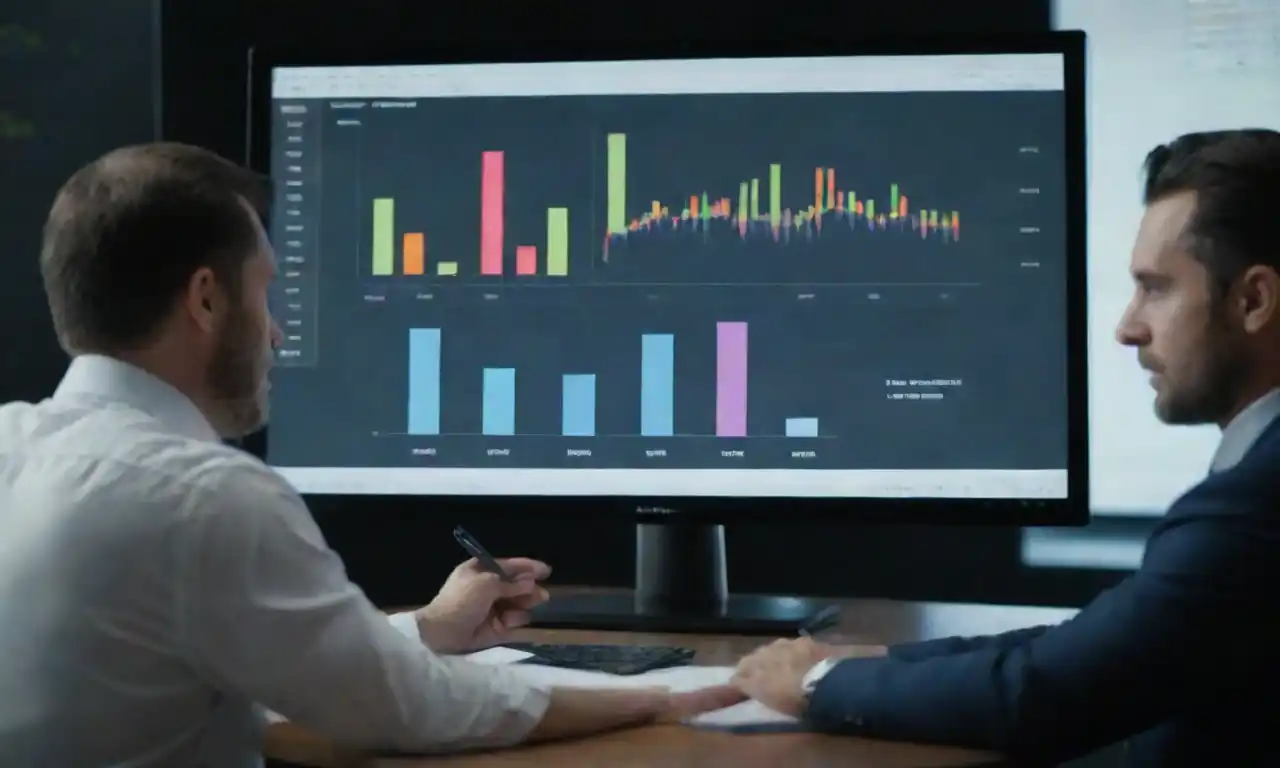 A team analyzing data on a screen with charts and notes for report improvement.