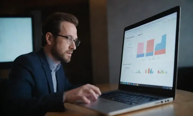 A digital marketing expert analyzing keywords on a laptop screen with graphs.