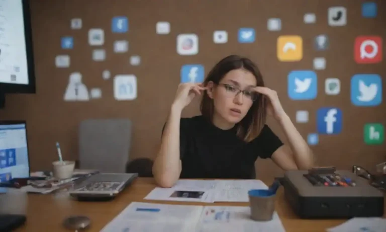 A person analyzing social media metrics while surrounded by diverse cultural symbols.