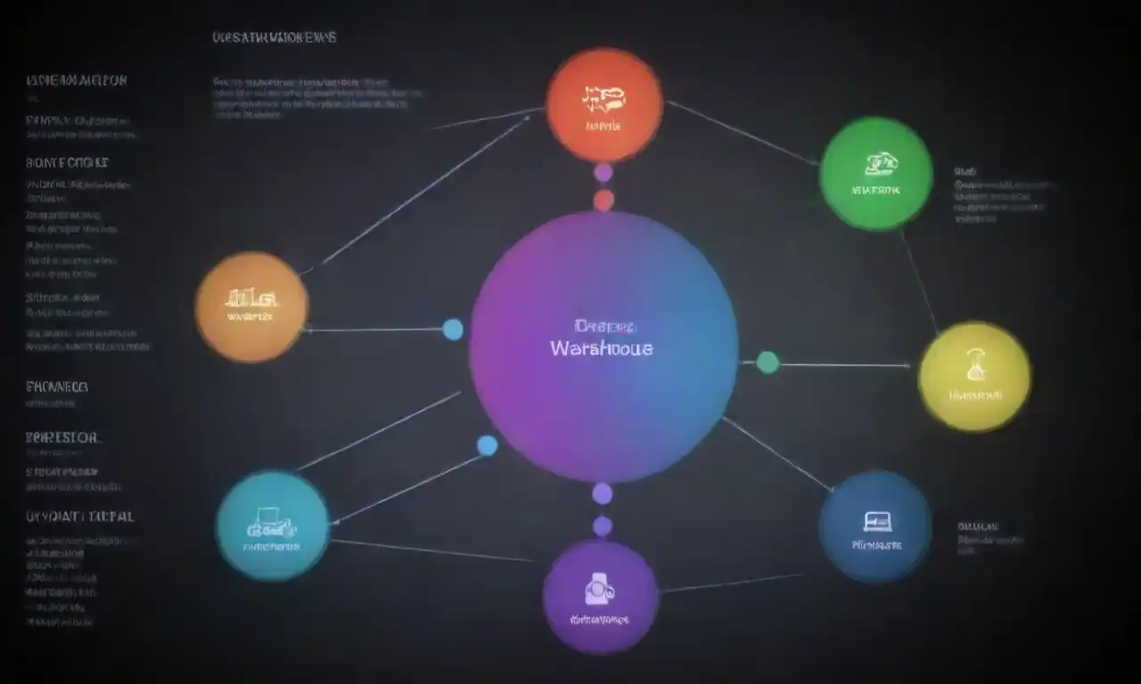 Diagram illustrating a data warehouse connected to various data sources and analytical tools.