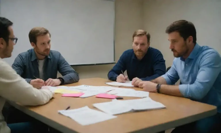 Team members brainstorming around a table with notes and a whiteboard.