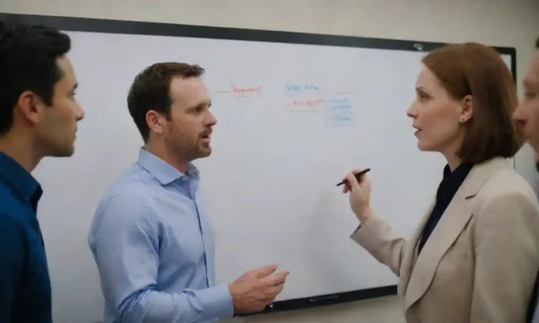 A diverse team brainstorming marketing strategies on a whiteboard.