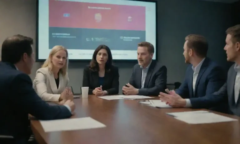 A team discussing brand voice strategies around a conference table with visuals on a screen.