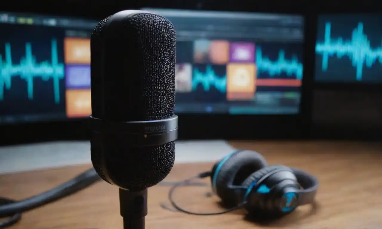 Microphone and headphones with soundwaves and digital content icons in the background.