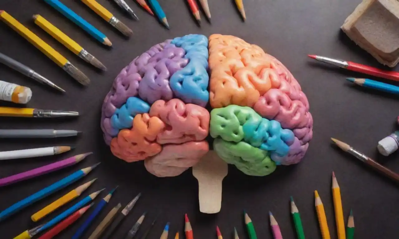 A colorful brain illustration surrounded by various creative tools and expressive art.