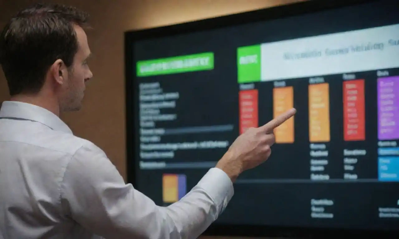 Marketer analyzing customer feedback and trends on a digital board.