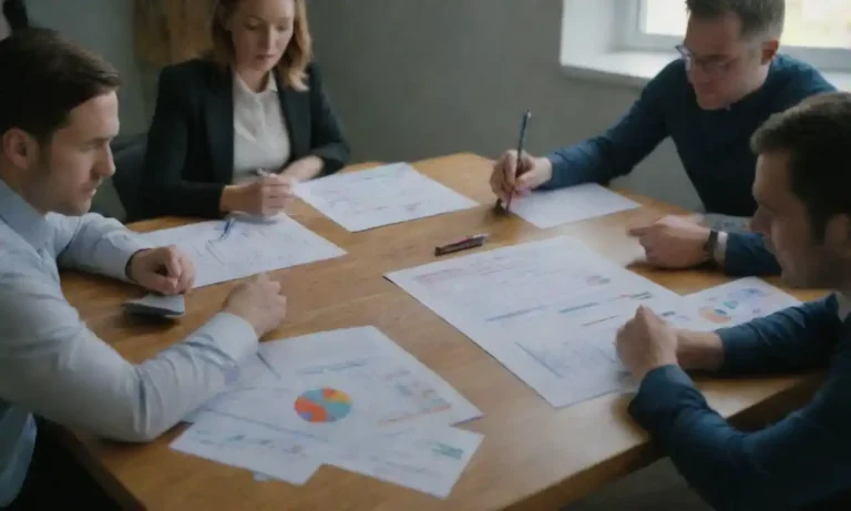 Team collaborating around a table with charts and digital tools