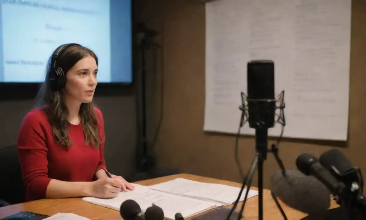 A person recording a podcast in a studio