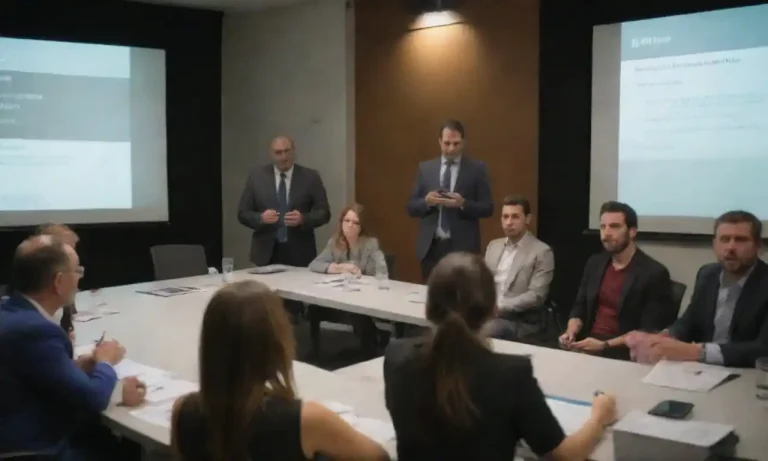 Equipo de comunicación analizando datos y redes sociales en una sala de reuniones.