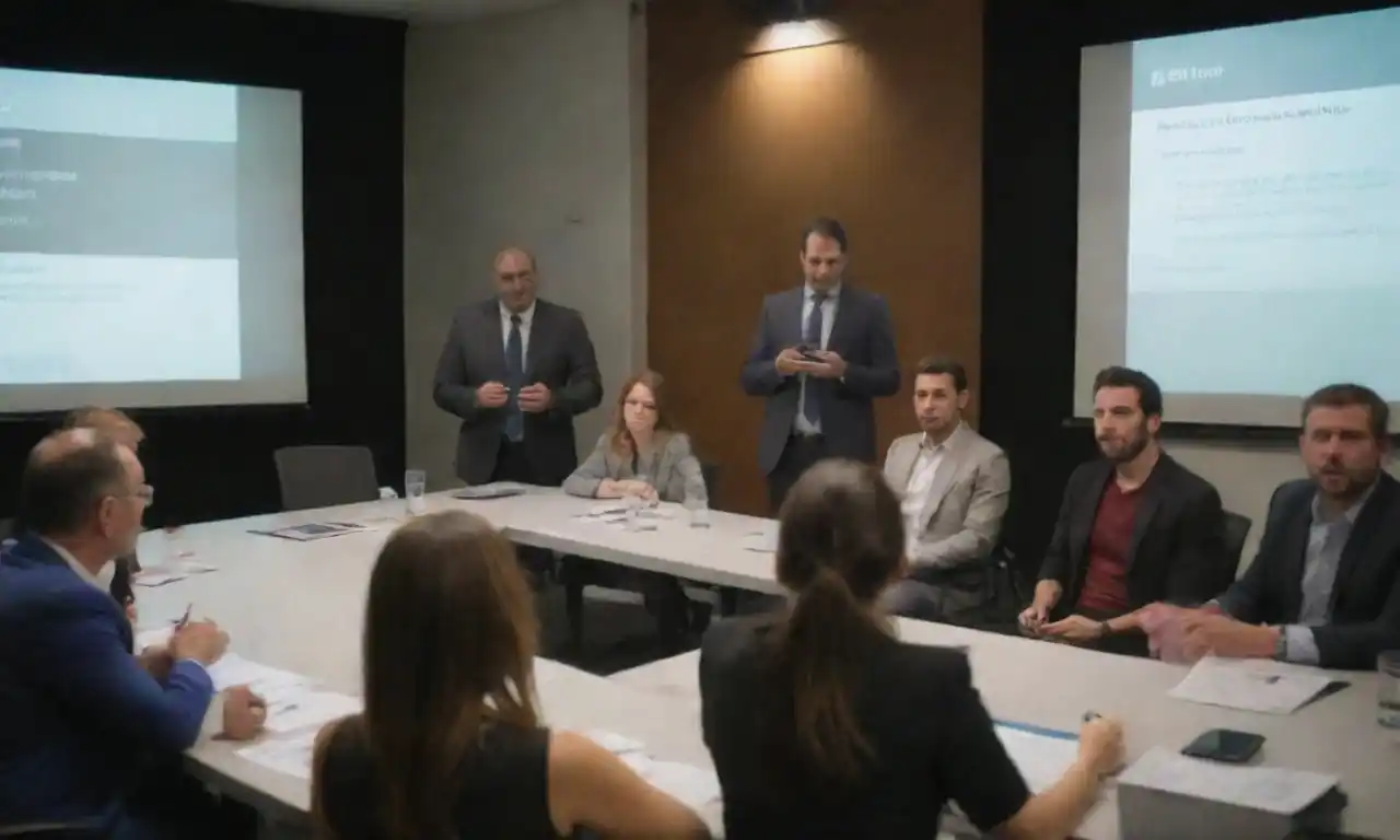 Equipo de comunicación analizando datos y redes sociales en una sala de reuniones.