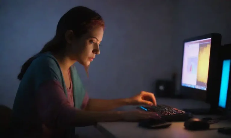 Una persona escribiendo en su computadora con imágenes emotivas y colores vibrantes alrededor.