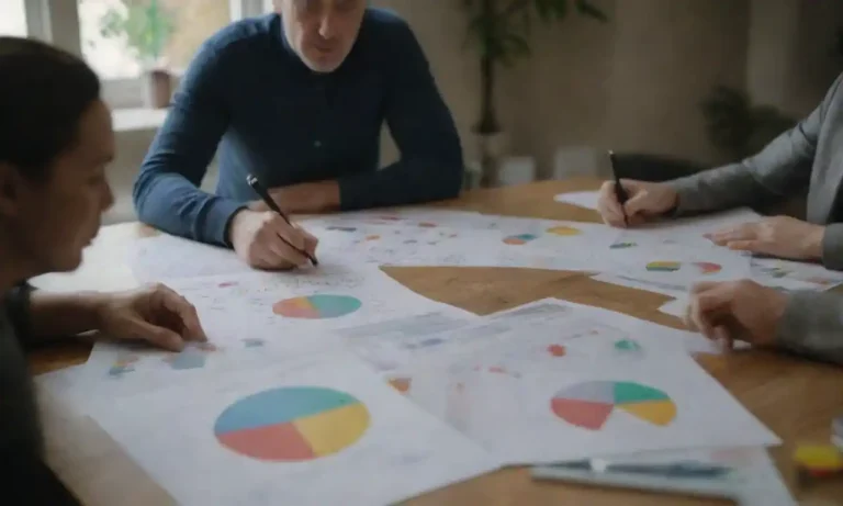 A diverse group of people discussing marketing strategies around a table covered in charts and product samples.