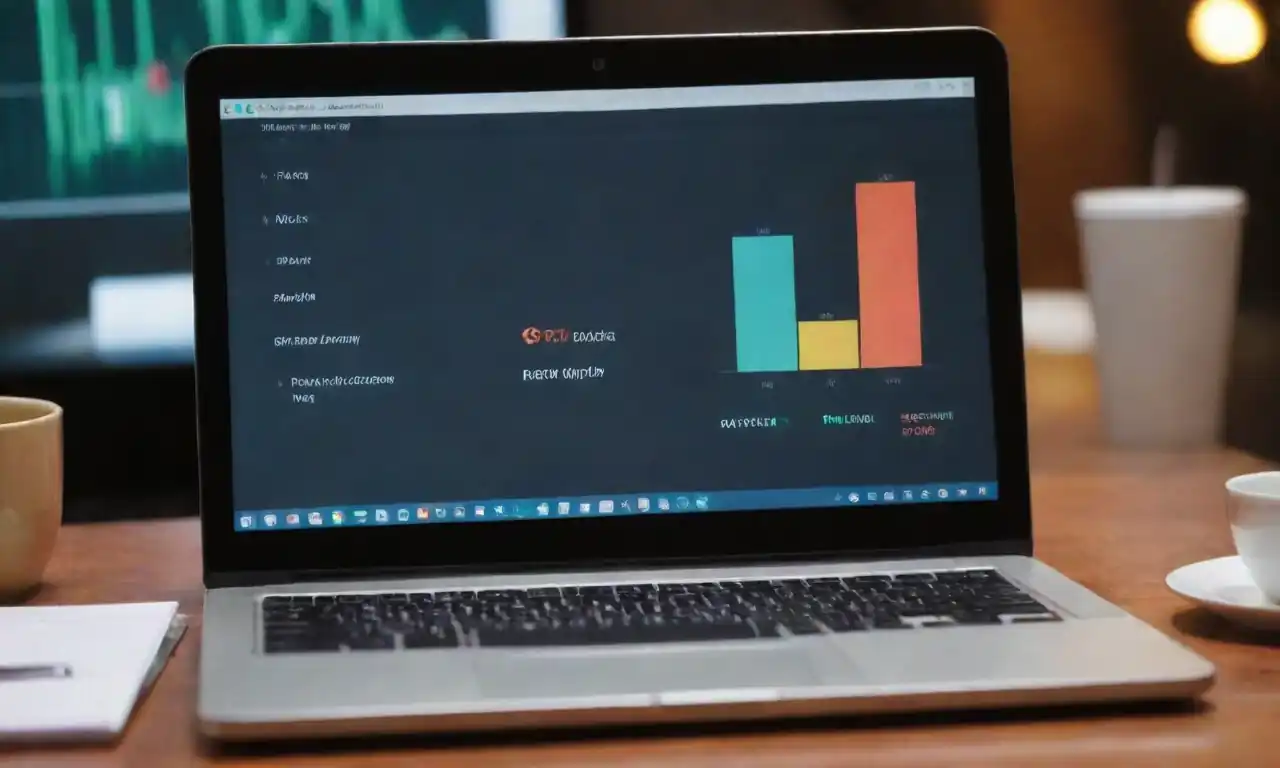 Laptop displaying a blog with analytics graphs and money symbols in the background.