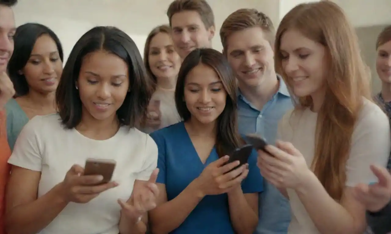 A diverse group of people engaging with mobile devices