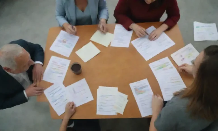 Un grupo de personas revisando gráficos y datos en una mesa de trabajo.