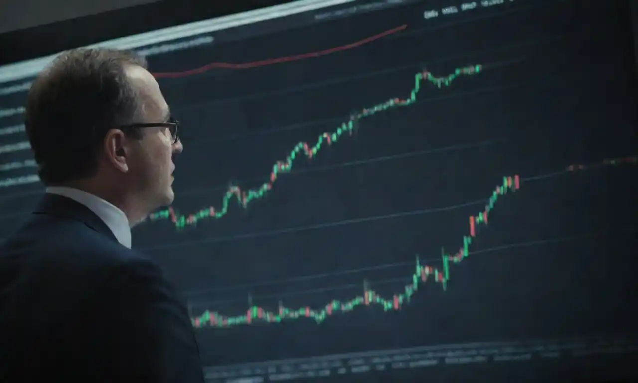 Analyst examining financial charts and metrics on a digital screen.