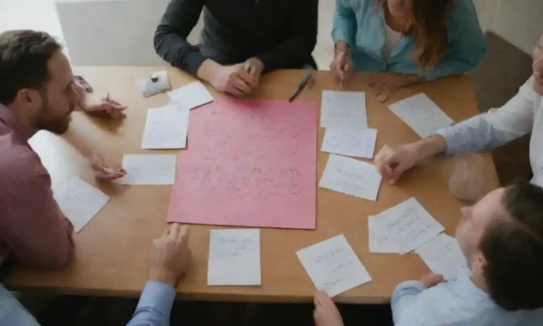 Creatives brainstorming around a table with images and emotions pinned on a board.