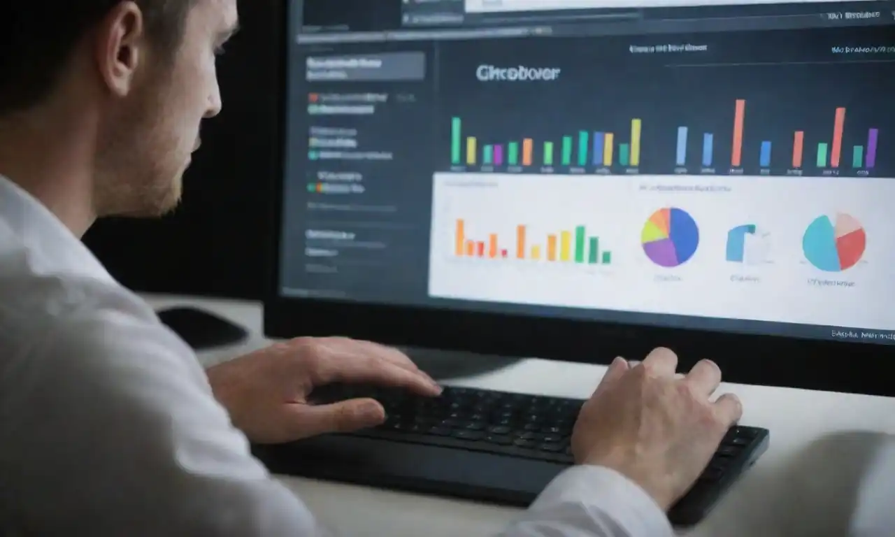 Marketer analyzing email metrics on a computer screen with graphs and statistics.