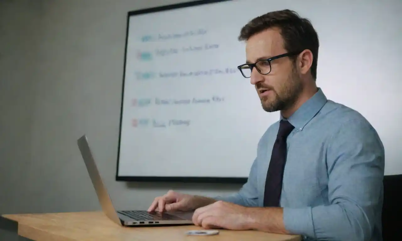 Marketer analyzing keywords on a laptop while planning a digital marketing strategy on a whiteboard.