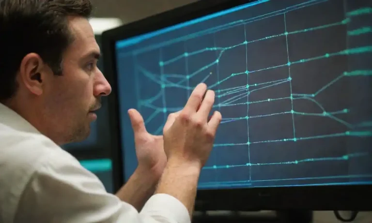 A network engineer analyzing a diagram of a network with labeled issues and solutions.