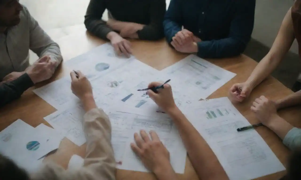 Team brainstorming around a table with ethical marketing materials and charts.