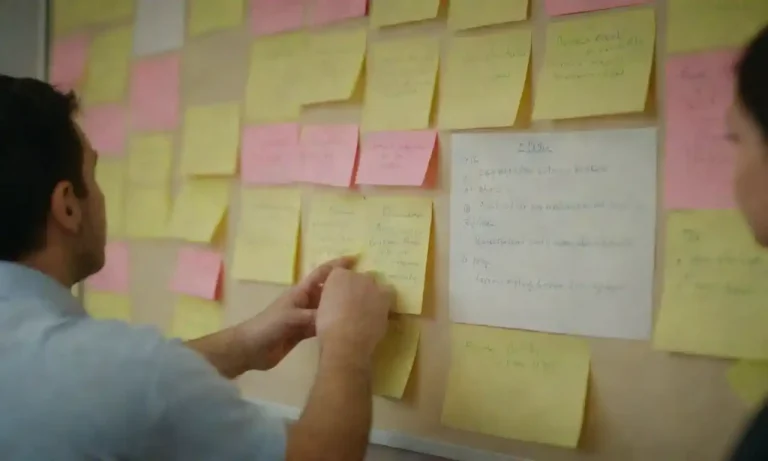 Un equipo colaborando en un tablero con post-its y diagramas para un mapa de empatía del cliente.