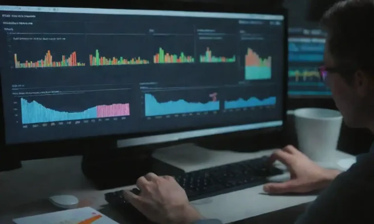 Person analyzing advertising metrics on a computer screen with charts and graphs.