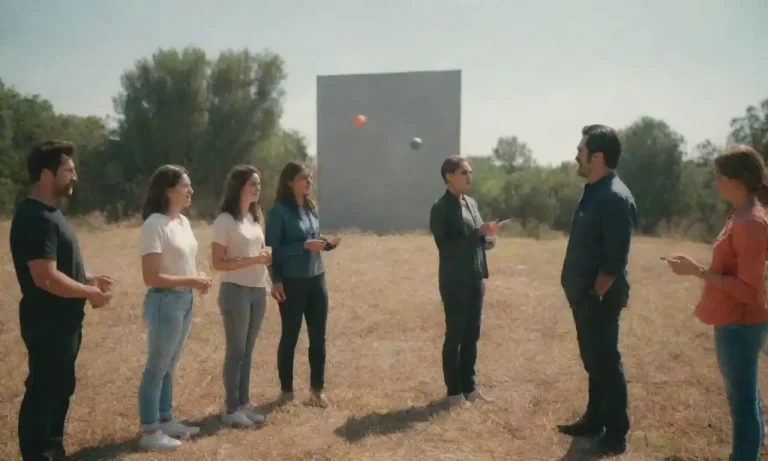 Grupo de personas disfrutando de una instalación interactiva y creativa al aire libre.