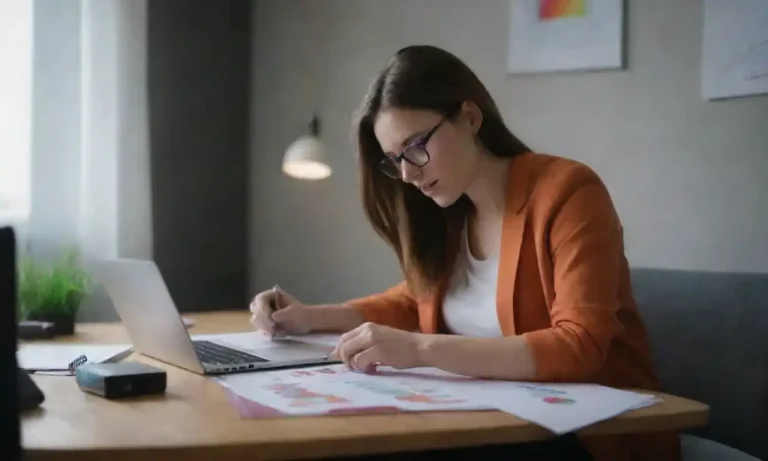 A person studying a marketing guide with charts and laptops in a creative workspace.