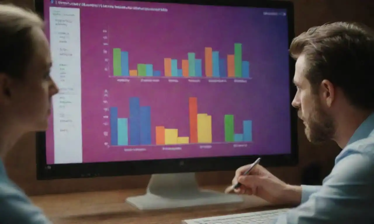 Marketers analyzing PPC ad campaigns with graphs and creative visuals on a screen.