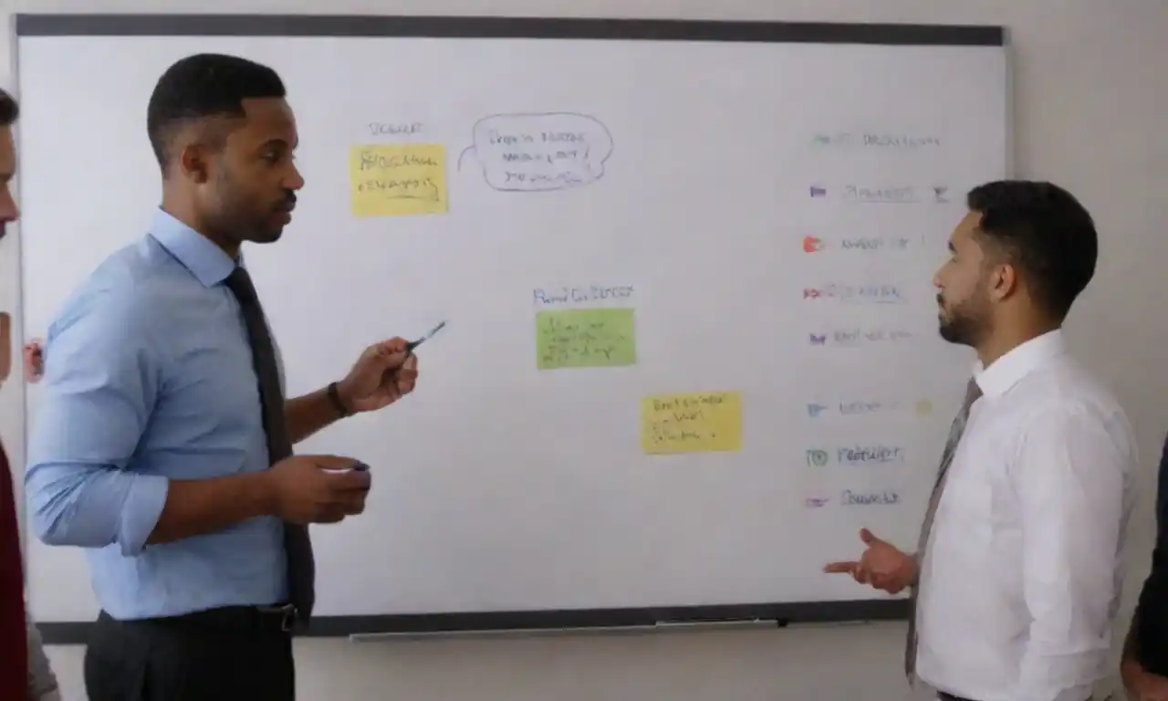 A diverse team brainstorming brand concepts on a whiteboard filled with ideas and visuals.