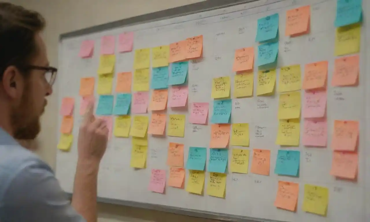 Team brainstorming ideas with sticky notes and a content calendar on a board.