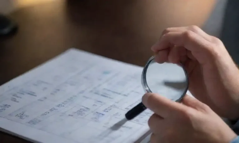 Analyst examining data charts and graphs with a magnifying glass.