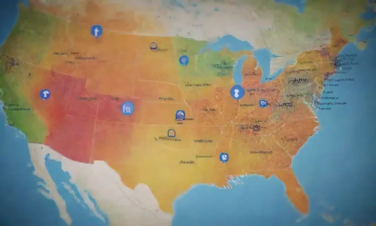 Map highlighting various locations with social media icons and engagement metrics.