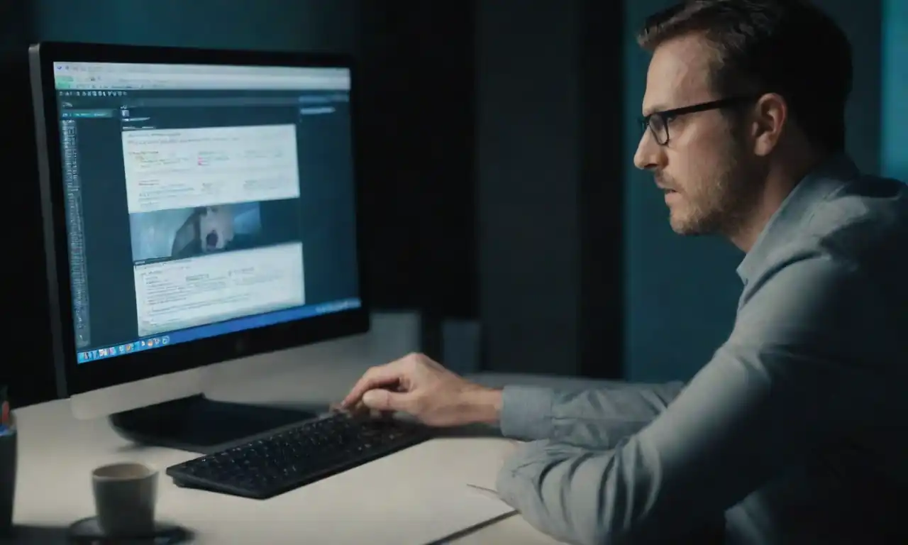 A digital marketing professional analyzing PPC ad performance on a computer screen.