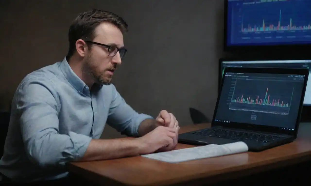 A digital marketer analyzing PPC ads on a laptop with trend graphs in the background.