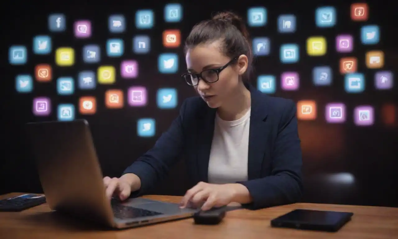 A person using a laptop with digital tools and social media icons displayed.