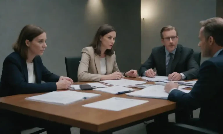 A business team discussing ethical practices over a table filled with lead generation materials.