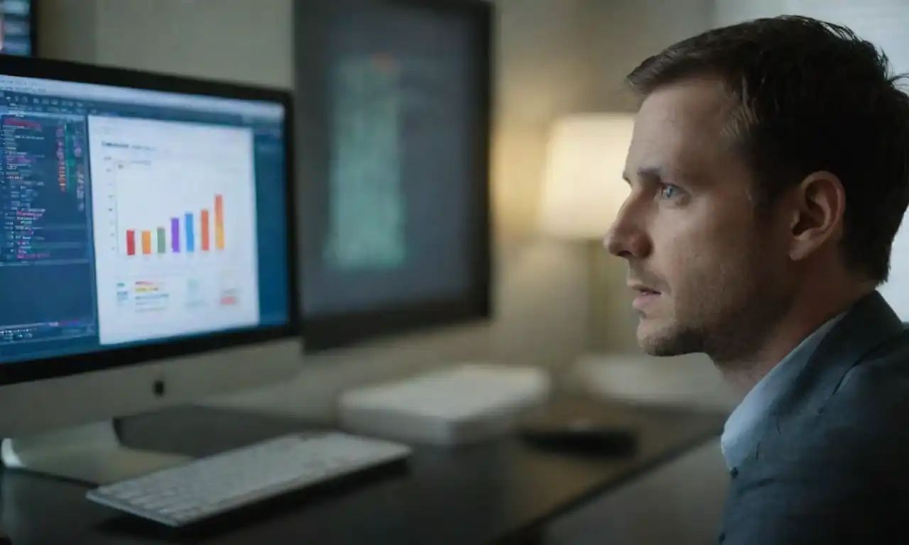 A marketer analyzing data charts and ads on a computer screen.