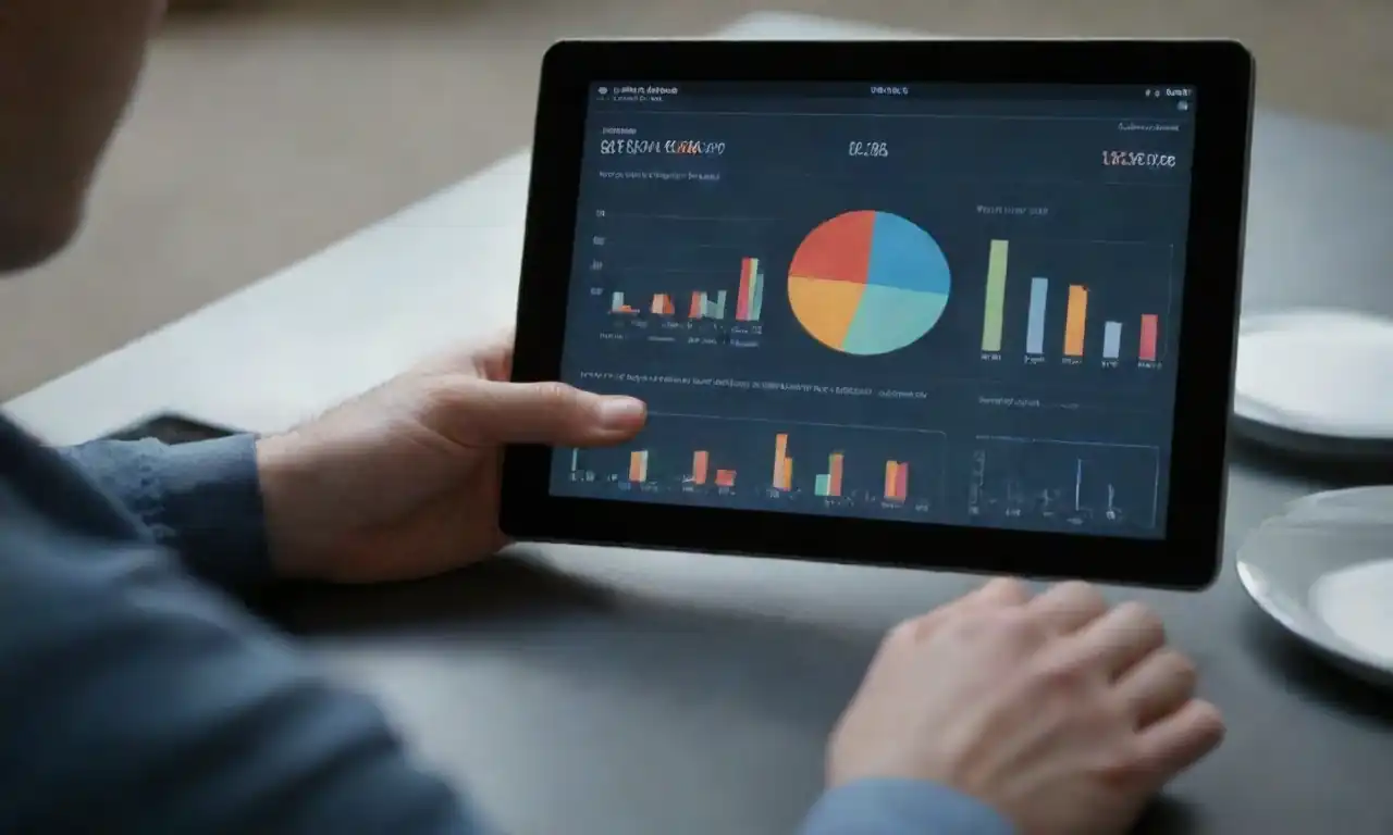 A developer analyzing app performance metrics on a tablet with graphs and charts displayed.