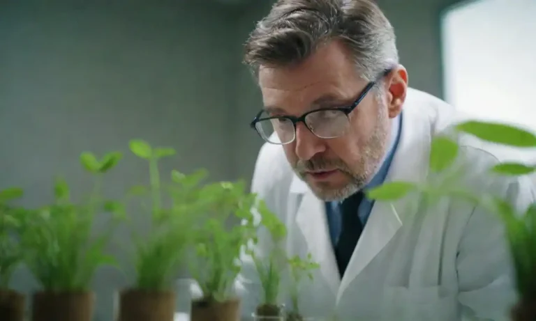 Visual of a scientist experimenting with plants under different conditions