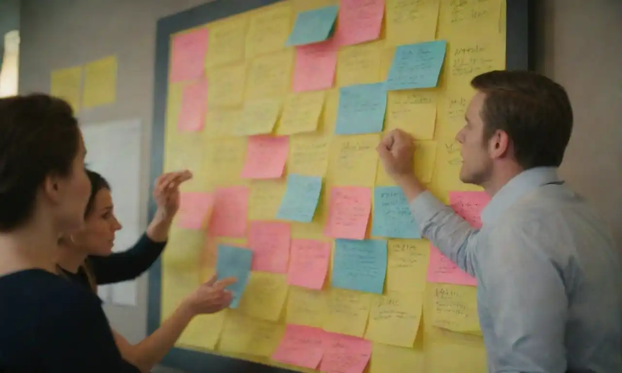 A team brainstorming with Post-it notes and a brand strategy board.