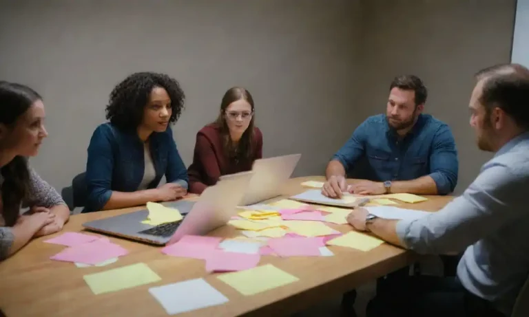 A diverse team brainstorming around a table with sticky notes and laptops.